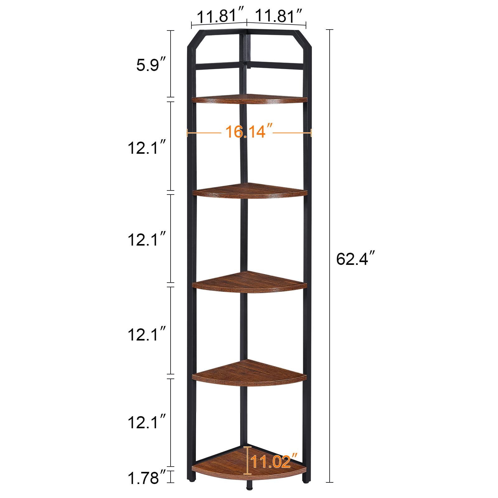 MNEETRUNG Corner Shelf, 5-Tier Industrial Corner Bookshelf, Freestanding Corner Shelf Stand with Metal Frame, Open Corner Plant Stand for Small Space, Home Office, Living Room, Bedroom, Brown