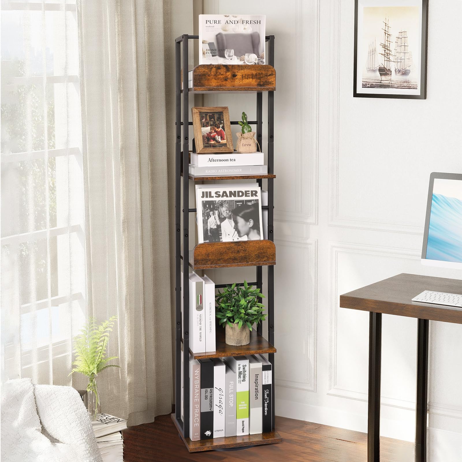 Bikoney Bookshelves 5-Tier, Rotating Bookshelf Tower for Corner, Small Bookcase, Tall Industrial Bookshelf, Narrow Bookshelf, Wood and Metal Black