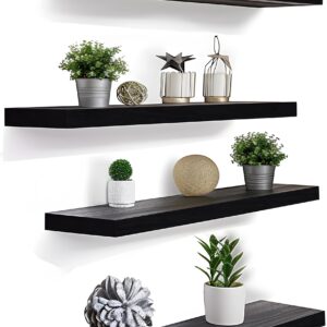 IKJZIZP Rustic Farmhouse Floating Shelves for Wall Decor Storage Wood Wooden Wall Shelves for Bedroom Bathroom Kitchen Living Room - Black Set of 4