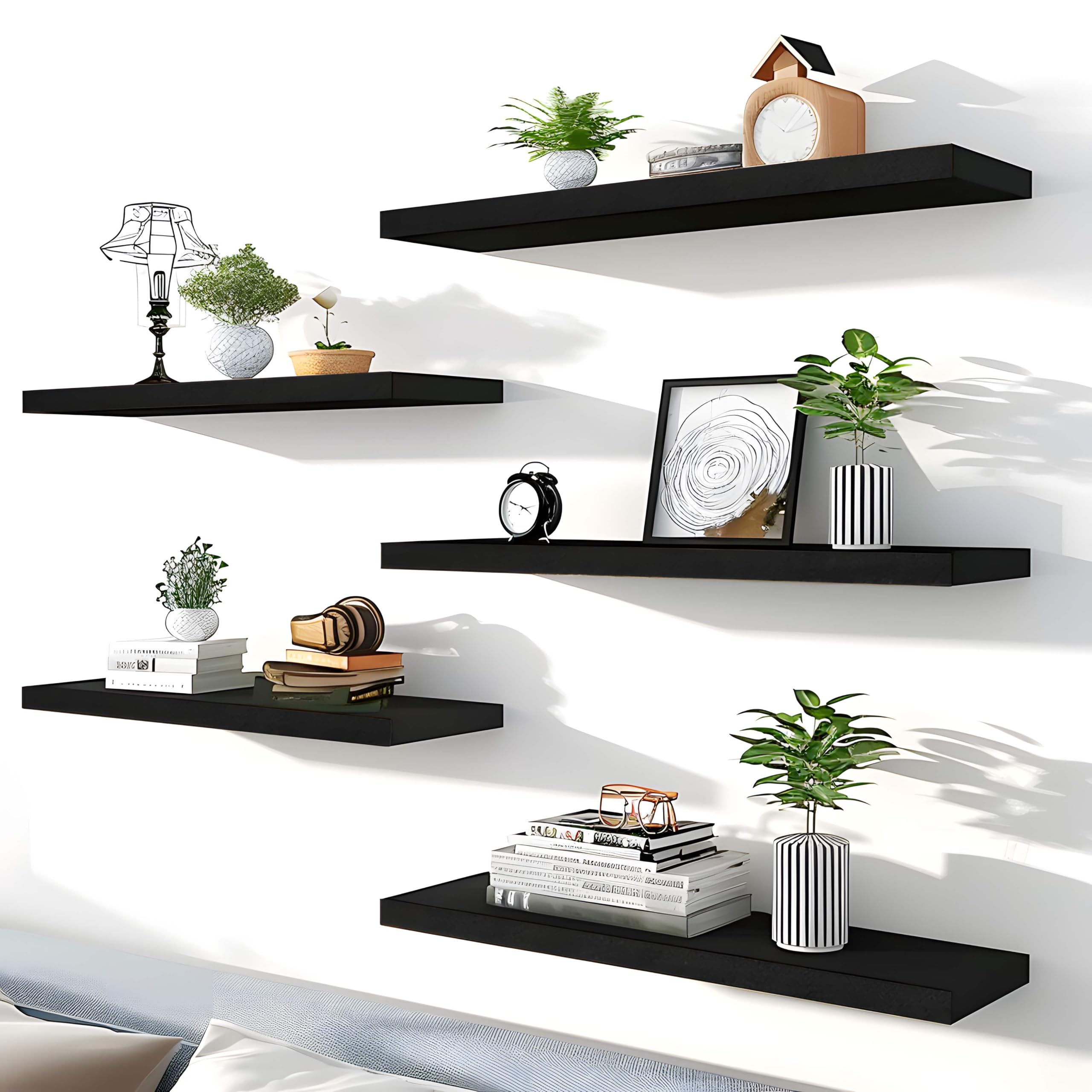 IKJZIZP Rustic Farmhouse Floating Shelves for Wall Decor Storage Wood Wooden Wall Shelves for Bedroom Bathroom Kitchen Living Room - Black Set of 4