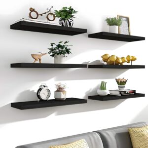 IKJZIZP Rustic Farmhouse Floating Shelves for Wall Decor Storage Wood Wooden Wall Shelves for Bedroom Bathroom Kitchen Living Room - Black Set of 4