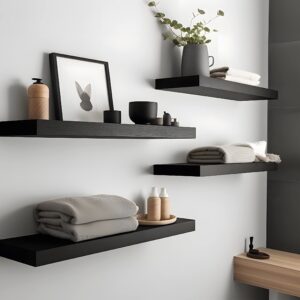 IKJZIZP Rustic Farmhouse Floating Shelves for Wall Decor Storage Wood Wooden Wall Shelves for Bedroom Bathroom Kitchen Living Room - Black Set of 4