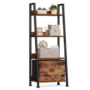 furologee 4-tier ladder shelf, ladder bookshelf with removable drawer, rustic bookcase storage rack organizer, wood metal freestanding storage shelves for living room, home office, bedroom, kitchen