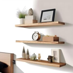 HXSWY 24 Inch Rustic Floating Shelves for Wall Decor Farmhouse Wood Wall Shelf for Bathroom Kitchen Bedroom Living Room Set of 4 Light Brown