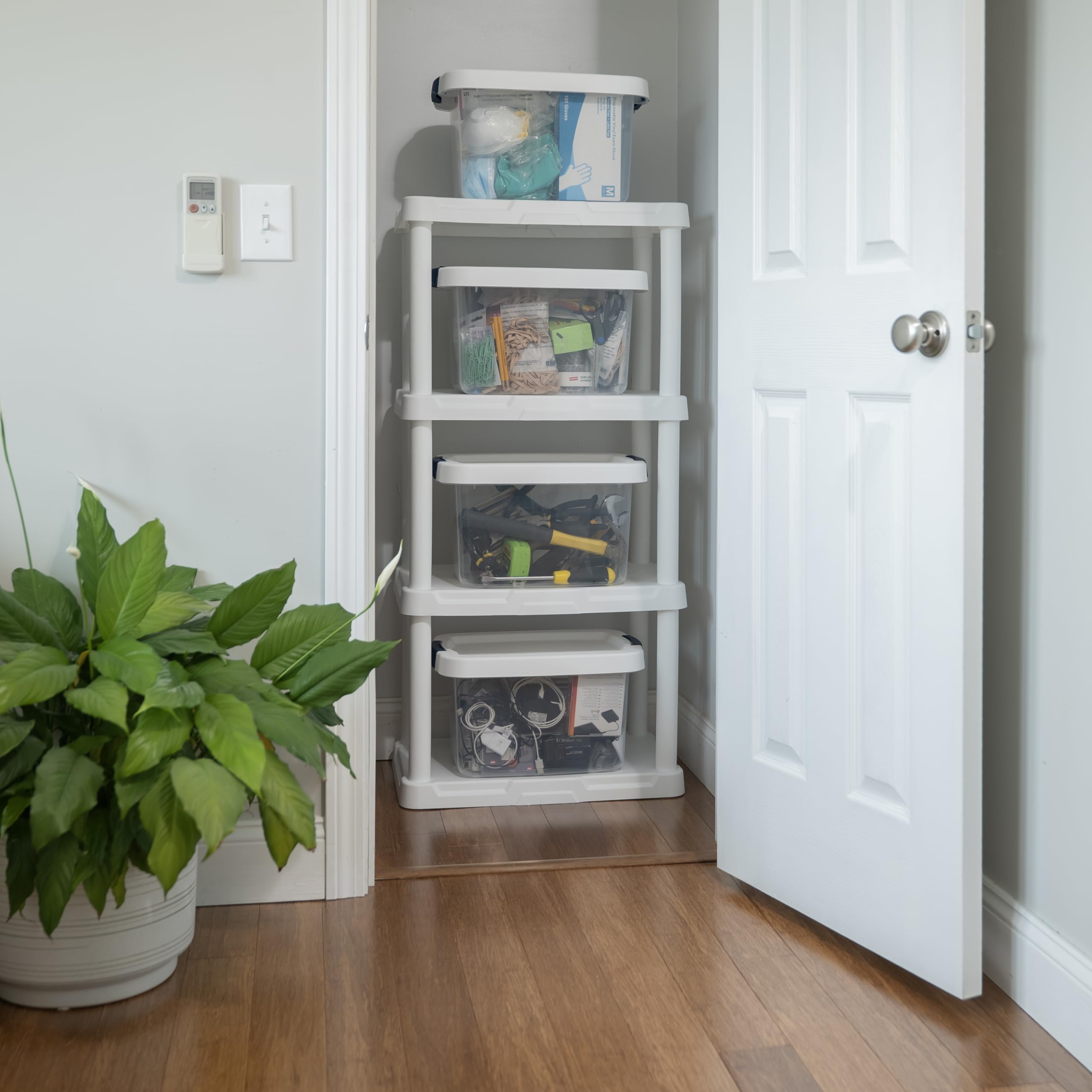 BLACK+DECKER, WHITE, 4-Tier Light Duty Storage Shelf, 50lbs/Shelf (47”H x 22.1”W x 14.3”D), Plastic Shelving Unit, Made in The USA [2 Pack]