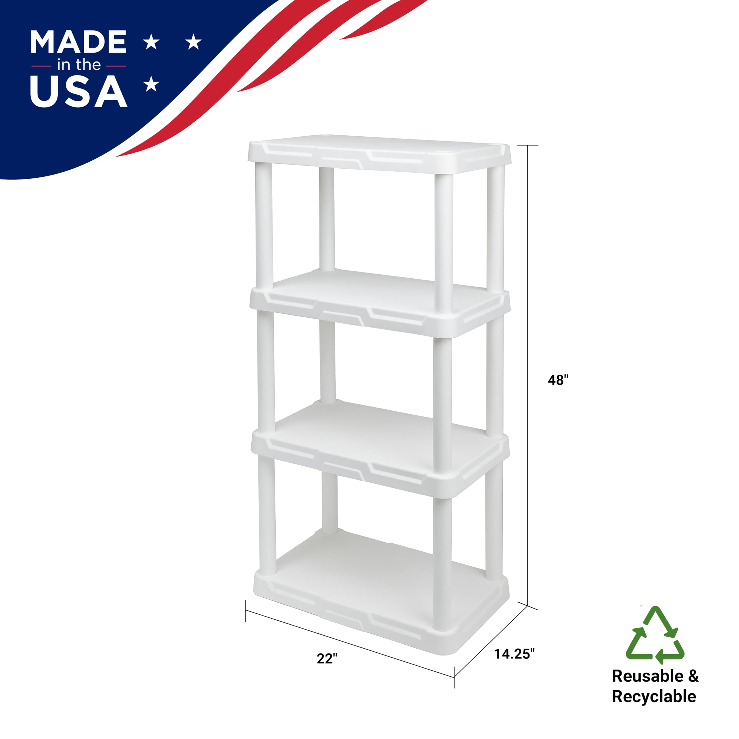 BLACK+DECKER, WHITE, 4-Tier Light Duty Storage Shelf, 50lbs/Shelf (47”H x 22.1”W x 14.3”D), Plastic Shelving Unit, Made in The USA [2 Pack]