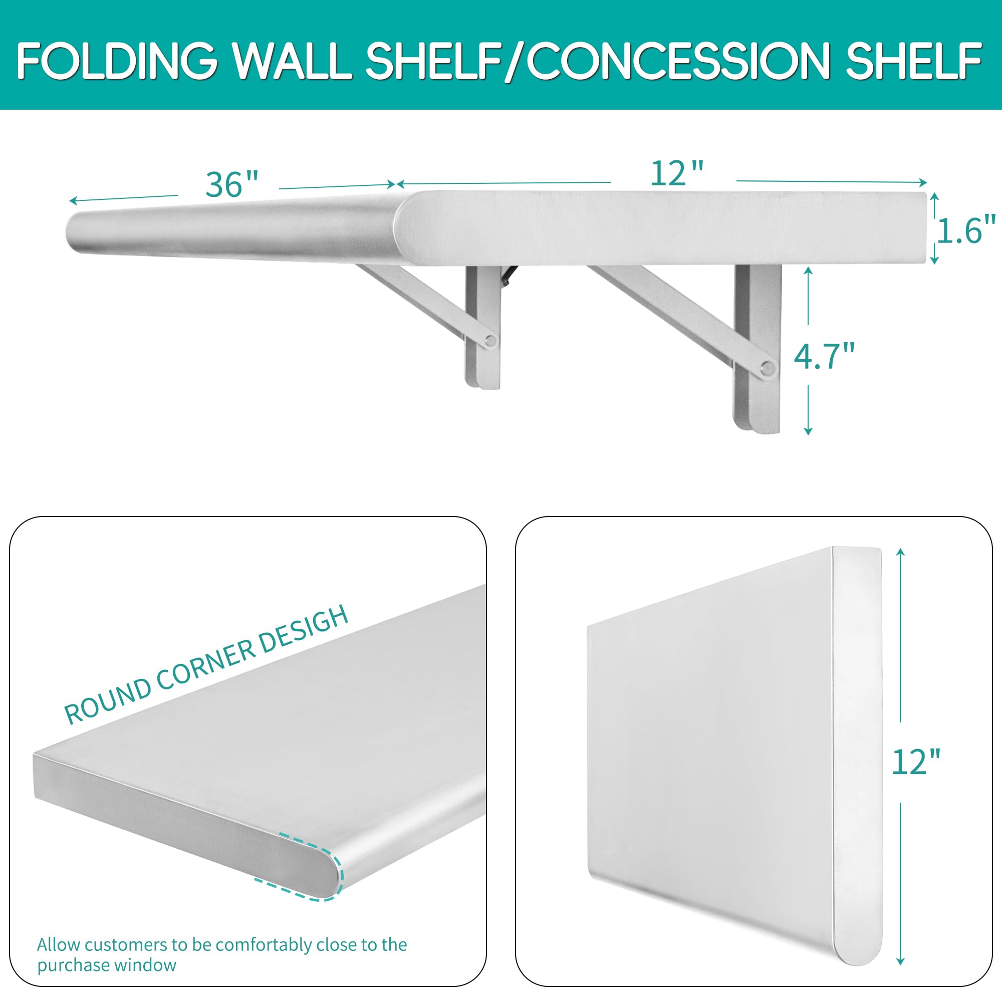 Concession Shelf 36"L x 12"W，22 gauge ASTM 304 Stainless Steel Folding Serving Food Shelf ，Wall Mount Shelving , Stainless Steel Shelf For Food Truck, grill area,BBQ working table, Restaurant .NSF