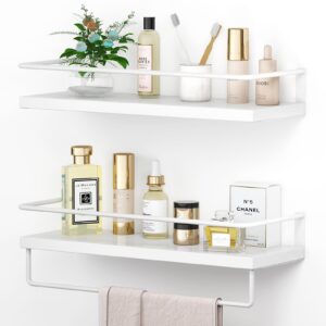 Onlysky White Floating Shelves with White Towel Rack - Set of 2 Wall Mounted Hanging Bathroom Shelves, Decorative Shelves for Stylish Storage in Bathroom, Kitchen, Living Room & Bedroom