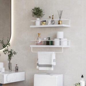 Onlysky White Floating Shelves with White Towel Rack - Set of 2 Wall Mounted Hanging Bathroom Shelves, Decorative Shelves for Stylish Storage in Bathroom, Kitchen, Living Room & Bedroom