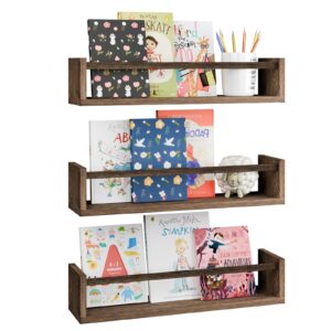 Fixwal Nursery Book Shelves, 16.5 Inch Floating Bookshelves for Wall Set of 3, Baby Nursery Decor, Solid Wood Wall Mounted Shelves for Books, Toys and Decor Storage (Brown)