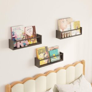 Fixwal Nursery Book Shelves, 16.5 Inch Floating Bookshelves for Wall Set of 3, Baby Nursery Decor, Solid Wood Wall Mounted Shelves for Books, Toys and Decor Storage (Brown)