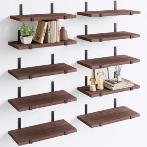 fixwal floating shelves, set of 10, rustic wood wall decor, farmhouse wall mounted shelves for bedroom, living room, kitchen and bathroom (walnut brown)