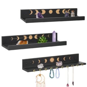 crystal shelf with hooks set of 3, moon shelf display wall mount, wood floating shelves for celestial decor and room decor, crystal display shelf holder for stones, essential oils (black)