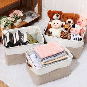 Uiifan 10 Pcs Collapsible Storage Bins Fabric Foldable Storage Basket with Handles Cloth Basket Organizer Linen Shelf Baskets for Shelves Home Closet Nursery Toys (Beige and White,16 x 12 x 10 Inch)