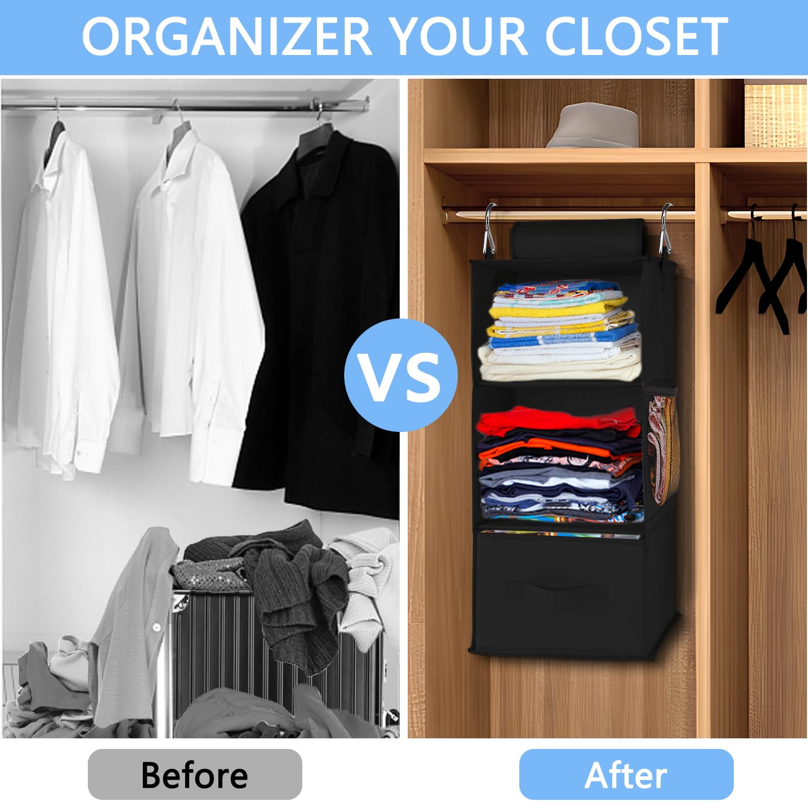 punemi 2 Pack 3-Shelf Hanging Closet Organizer and Storage, Hanging Closet Storage Organizer with Drawers, Foldable Hanging Shelves for Closet, Wardrob, 22.8" D x 11" W x 11" H, Black