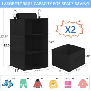 punemi 2 Pack 3-Shelf Hanging Closet Organizer and Storage, Hanging Closet Storage Organizer with Drawers, Foldable Hanging Shelves for Closet, Wardrob, 22.8" D x 11" W x 11" H, Black