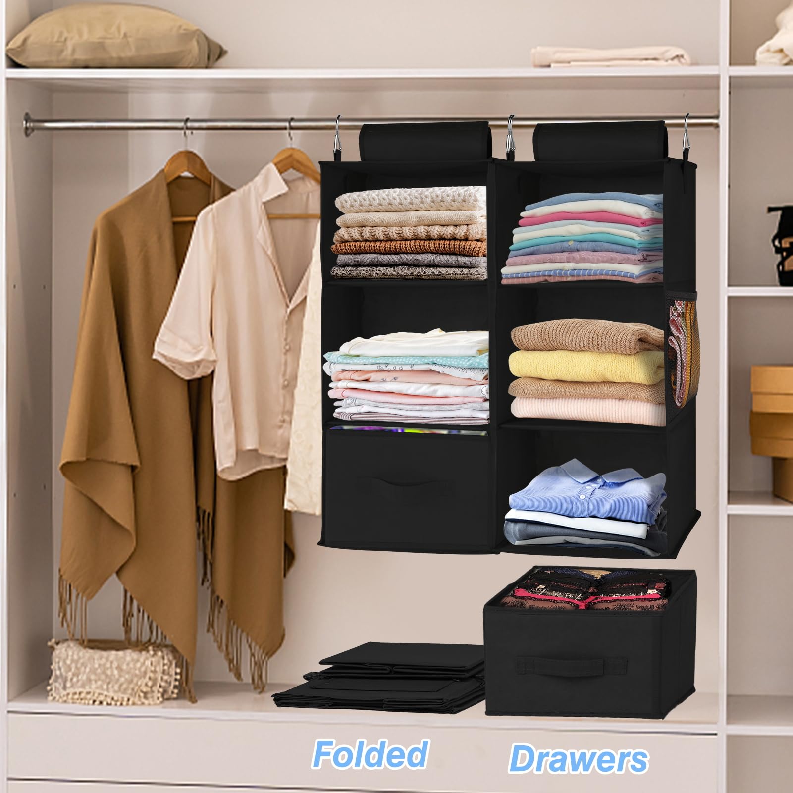 punemi 2 Pack 3-Shelf Hanging Closet Organizer and Storage, Hanging Closet Storage Organizer with Drawers, Foldable Hanging Shelves for Closet, Wardrob, 22.8" D x 11" W x 11" H, Black