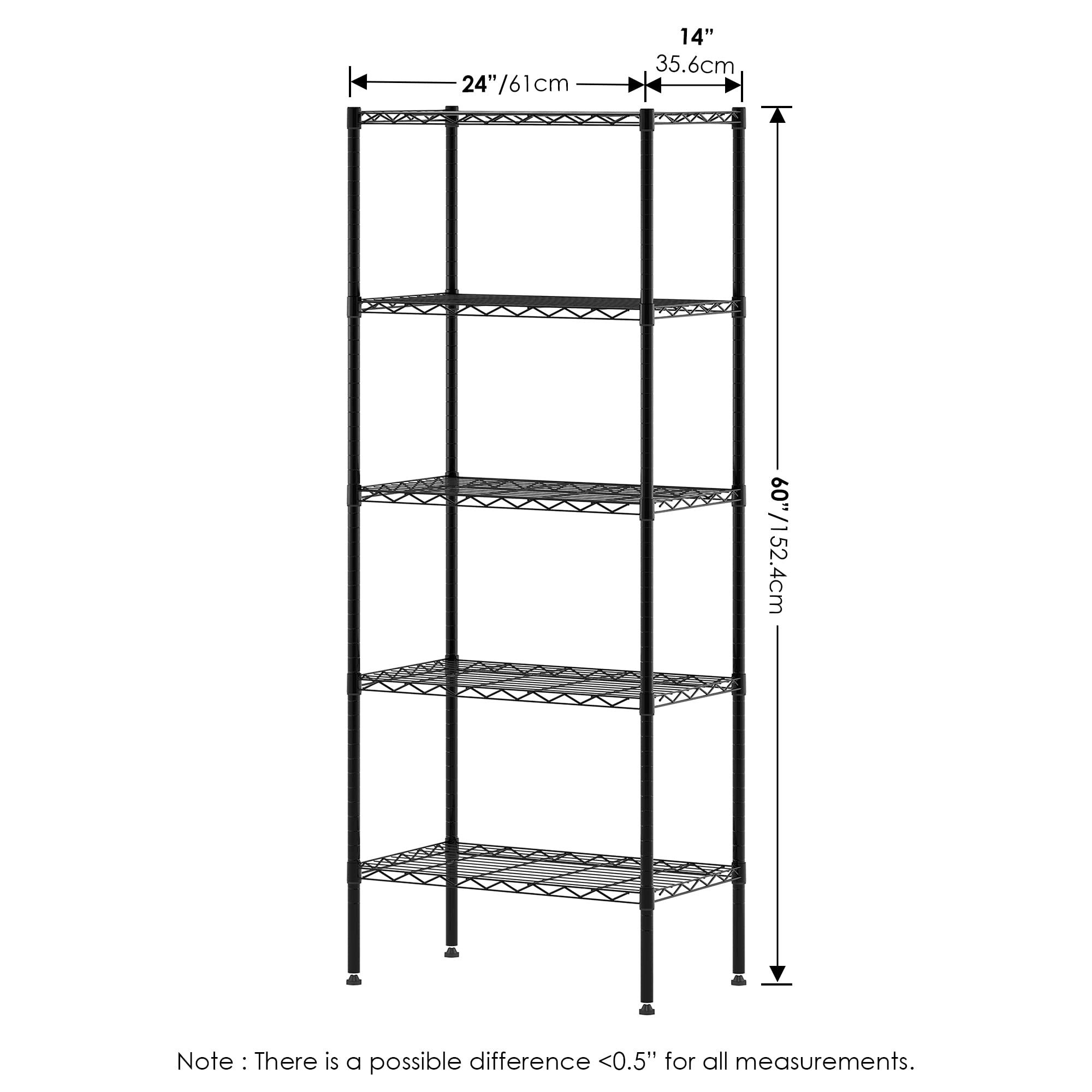 Furinno Wayar 5-Tier Metal Storage Shelf Rack, 24 x 14 x 60, Black