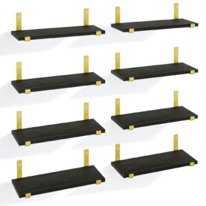 ygeomer floating shelves, set of 8, rustic wall shelves, wood floating shelf for bedroom, living room, book and bathroom (black gold)