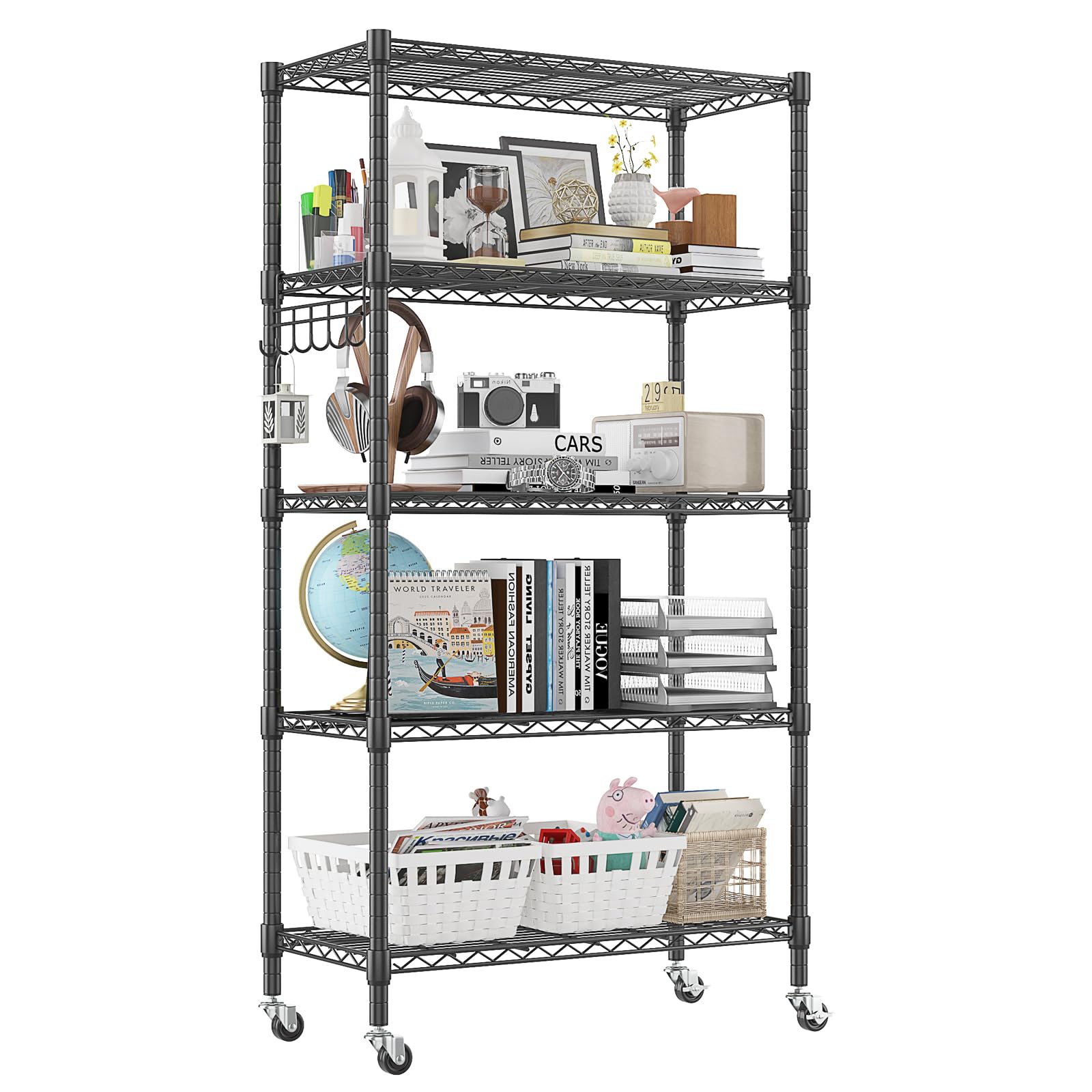 Homdox 5 Tier Metal Storage Shelves with Wheels, Heavy Duty Wire Shelving Unit, Adjustable Storage Racks with Side Hooks for Bathroom Kitchen Garage Pantry Organization, Black