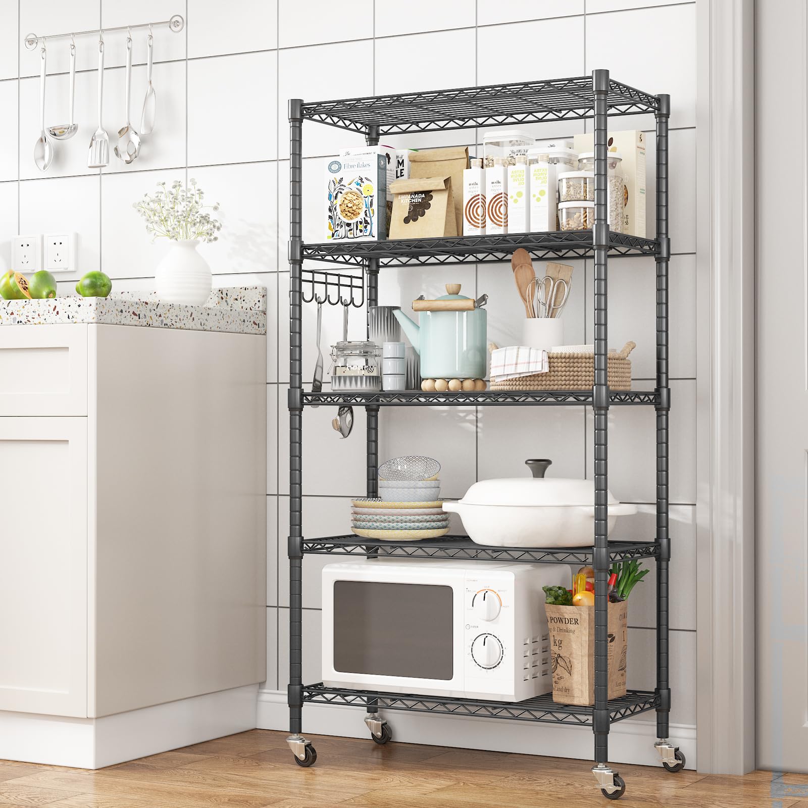 Homdox 5 Tier Metal Storage Shelves with Wheels, Heavy Duty Wire Shelving Unit, Adjustable Storage Racks with Side Hooks for Bathroom Kitchen Garage Pantry Organization, Black