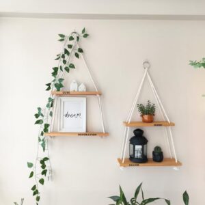 hanging shelves for wall, hanging plant shelf, wooden boho shelves for fall bedroom decor, floating rope shelves boho wall hanging decor living room wall shelfs, small hanging wall shelves bathroom