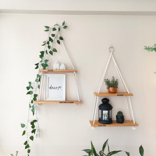 Hanging Shelves for Wall, Hanging Plant Shelf, Wooden Boho Shelves for Fall Bedroom Decor, Floating Rope Shelves Boho Wall Hanging Decor Living Room Wall Shelfs, Small Hanging Wall Shelves Bathroom