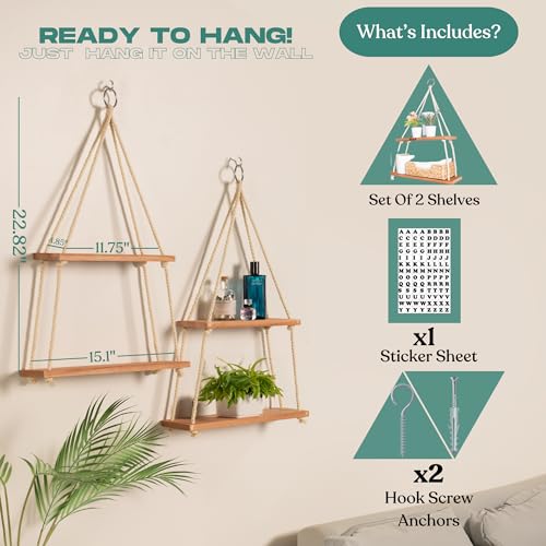 Hanging Shelves for Wall, Hanging Plant Shelf, Wooden Boho Shelves for Fall Bedroom Decor, Floating Rope Shelves Boho Wall Hanging Decor Living Room Wall Shelfs, Small Hanging Wall Shelves Bathroom