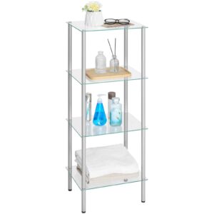 HOOBRO Glass Shelf, 4 Tier Standing Shelf Unit, Durable Glass Shelving Stand for Small Space, Space-Saving, for Bathroom, Bedroom, Home Office, Tempered Glass, Steel Frame, Silver SV04CJ01