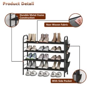 SUOERNUO Shoe Rack Storage Organizer 4 Tier Free Standing Metal Shoe Shelf Compact Shoe Organizer with Side Bag for Entryway Closet Bedroom,Black