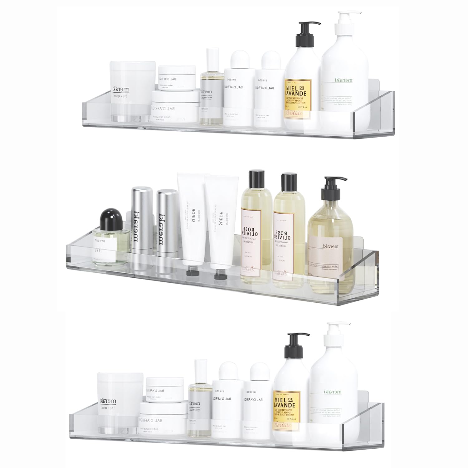 KATASKI 3 Pack Acrylic Bathroom Shelf, Wall Mounted No-Drill Thick Clear Storage and Display Shelf, 15.7inch