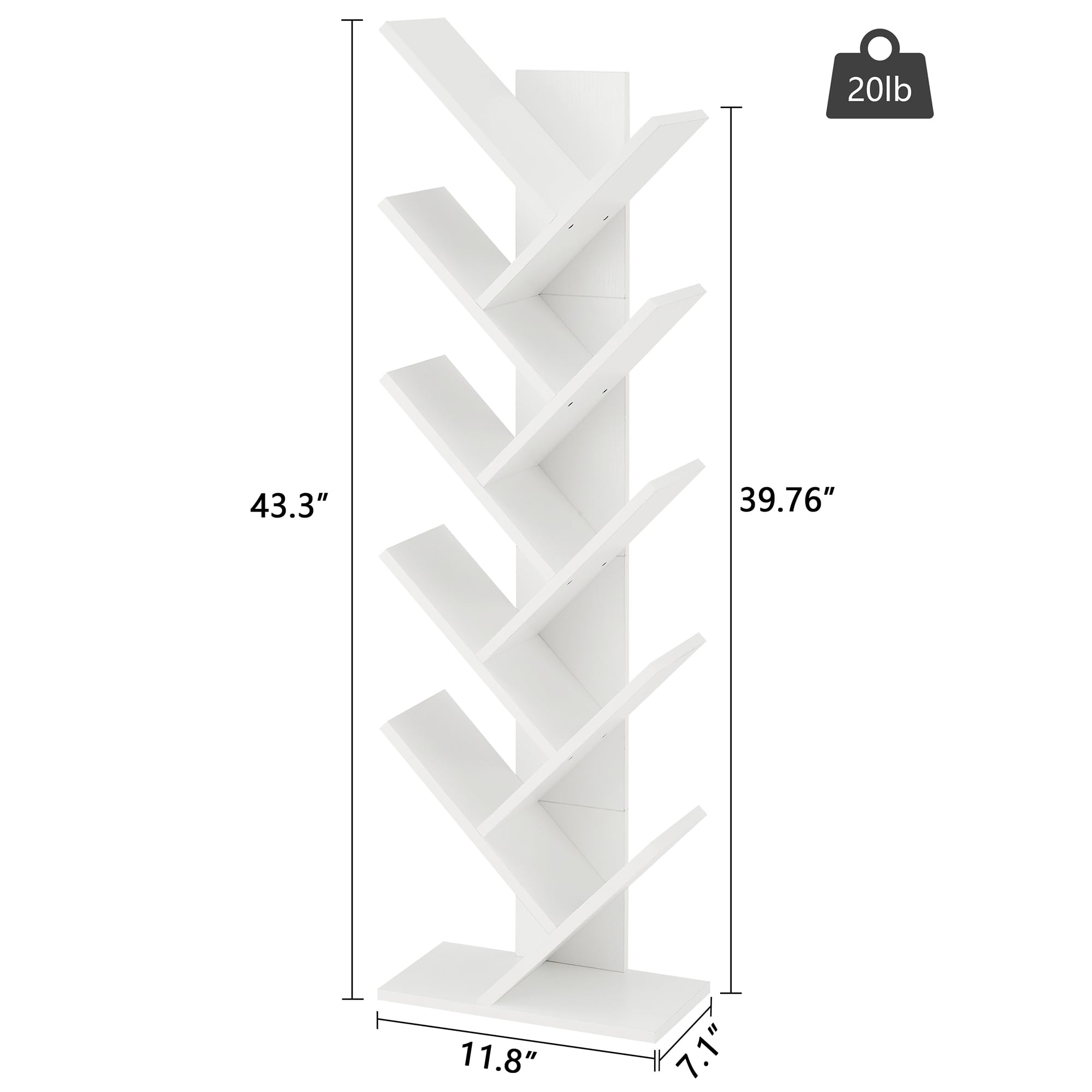 Hoctieon 10 Tier Tree Bookshelf, 10 Shelf Bookcase, Free Standing Tree Bookcase, Display Floor Standing Shelf for Books, Book Shelf Organizer, White