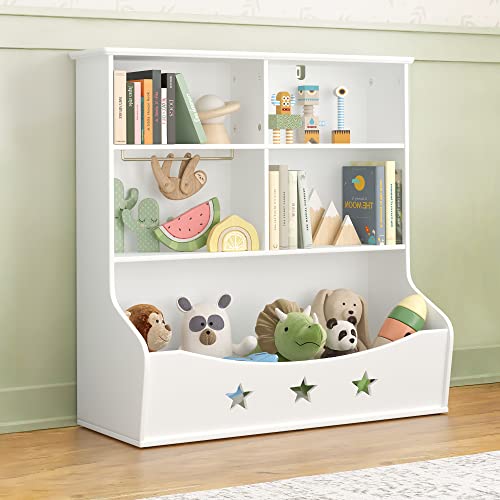 Curipeer Kids Bookshelf, 3-Shelf Storage Bookcase,Large Wooden Open Book Shelf with 5 Cube Units, Star Pattern Toy Organizer and Storage Cabinet for Playing Room, Nursery, Baby's Bedroom, White