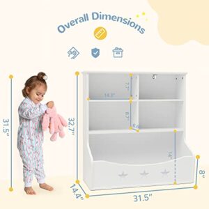 Curipeer Kids Bookshelf, 3-Shelf Storage Bookcase,Large Wooden Open Book Shelf with 5 Cube Units, Star Pattern Toy Organizer and Storage Cabinet for Playing Room, Nursery, Baby's Bedroom, White