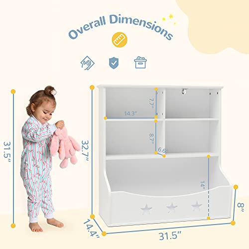 Curipeer Kids Bookshelf, 3-Shelf Storage Bookcase,Large Wooden Open Book Shelf with 5 Cube Units, Star Pattern Toy Organizer and Storage Cabinet for Playing Room, Nursery, Baby's Bedroom, White