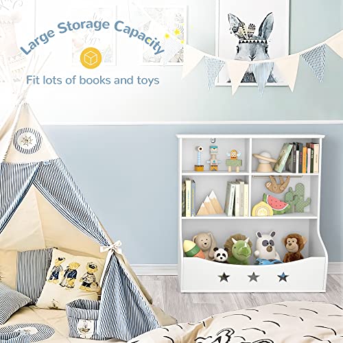 Curipeer Kids Bookshelf, 3-Shelf Storage Bookcase,Large Wooden Open Book Shelf with 5 Cube Units, Star Pattern Toy Organizer and Storage Cabinet for Playing Room, Nursery, Baby's Bedroom, White