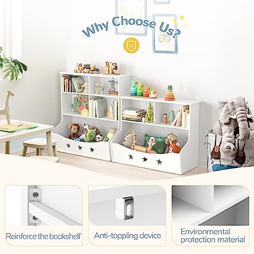 Curipeer Kids Bookshelf, 3-Shelf Storage Bookcase,Large Wooden Open Book Shelf with 5 Cube Units, Star Pattern Toy Organizer and Storage Cabinet for Playing Room, Nursery, Baby's Bedroom, White