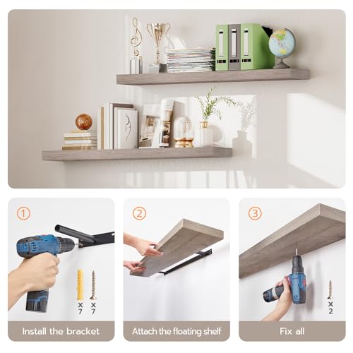 HOOBRO Floating Shelves, Wall Shelf Set of 2, 47.2 Inch Hanging Shelf with Invisible Brackets, for Wall Decor in Bathroom, Bedroom, Toilet, Kitchen, Living Room, Office, Greige BG120BJP201