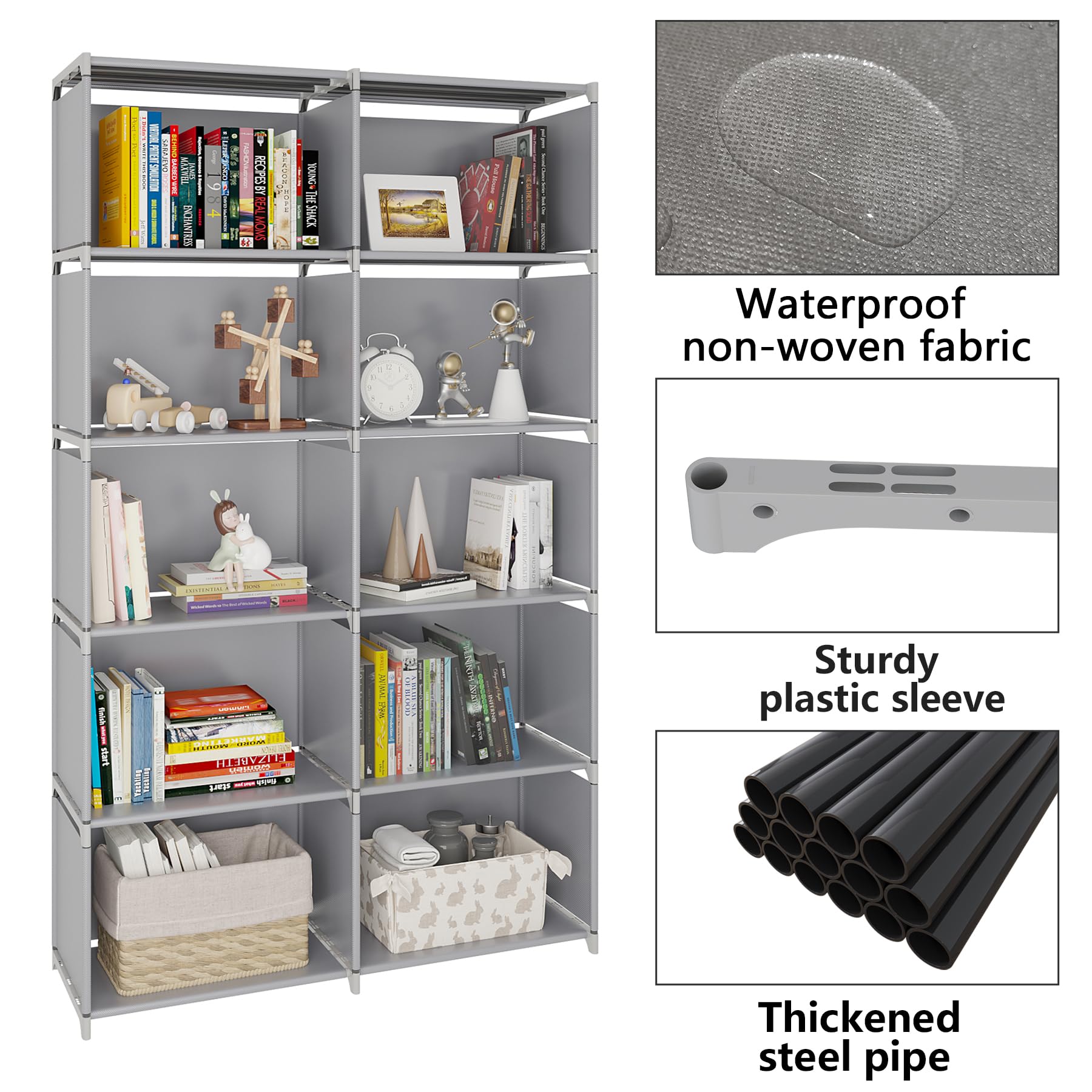 ACCSTORE Cube Storage, Double Row 6-Layer Cubes Closet Storage Shelf, DIY Wall Cabinet Bookshelf Plastic Square Storage Rack, Suitable for Bedroom, Living Room, Office, Kitchen, Warehouse (Grey)