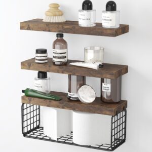 fixwal bathroom floating shelves, 3+1 tier 15.7in rustic wood wall shelf over toilet with invisible brackets, farmhouse wall decor (rustic brown)