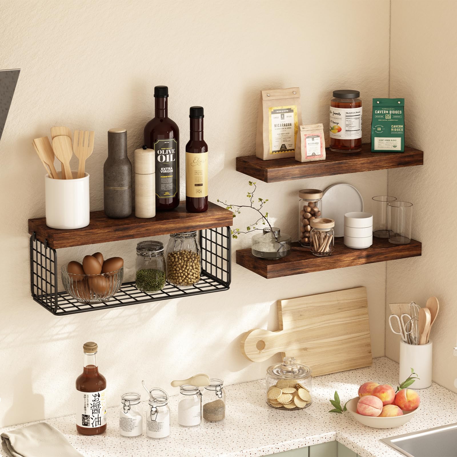 Fixwal Bathroom Floating Shelves, 3+1 Tier 15.7in Rustic Wood Wall Shelf Over Toilet with Invisible Brackets, Farmhouse Wall Decor (Rustic Brown)