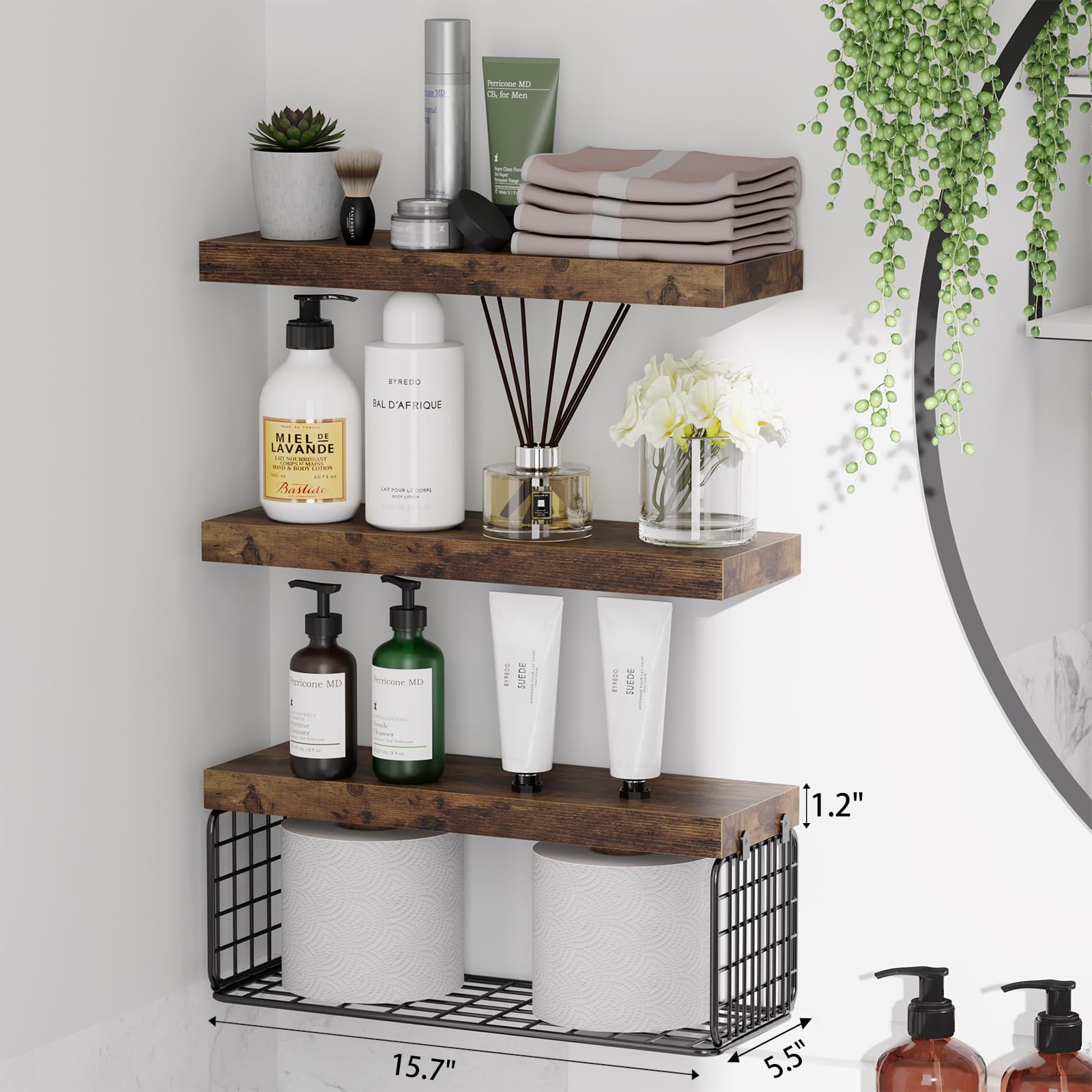 Fixwal Bathroom Floating Shelves, 3+1 Tier 15.7in Rustic Wood Wall Shelf Over Toilet with Invisible Brackets, Farmhouse Wall Decor (Rustic Brown)