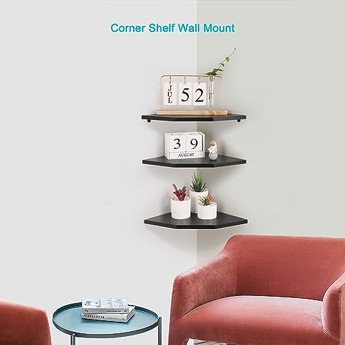 DUICIRX Corner Wall Shelves, Wood Corner Floating Shelves with Cable raceway, Wall Mount Storage Display for TV Accessories, Monitor, Speaker, Cable Box, Game Console (Black, Diamond- 12 Inch)