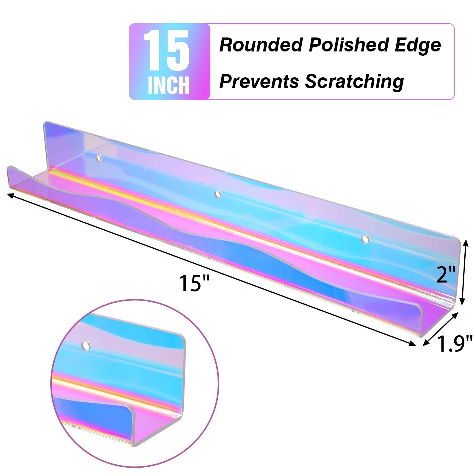 Fixwal 15 Inch Nail Polish Rack Wall Mounted Shelf, 6 Pack Clear Rainbow Iridescent Clear Acrylic Floating Display Shelves, Wall Mounted Rack for Nail Techs, Kids Wall Shelves, Display for Wall