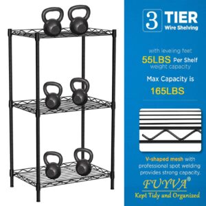 FUYVA 3-Tier Black Metal Shelving Unit with Wire Storage, 3 Shelf Liners, and Hooks, Wire Rack Height Adjustable Shelves for Kitchen, Bathroom, Pantry, Closet, and Bedroom (15.7"L x 11.8"W x 31.5"H)