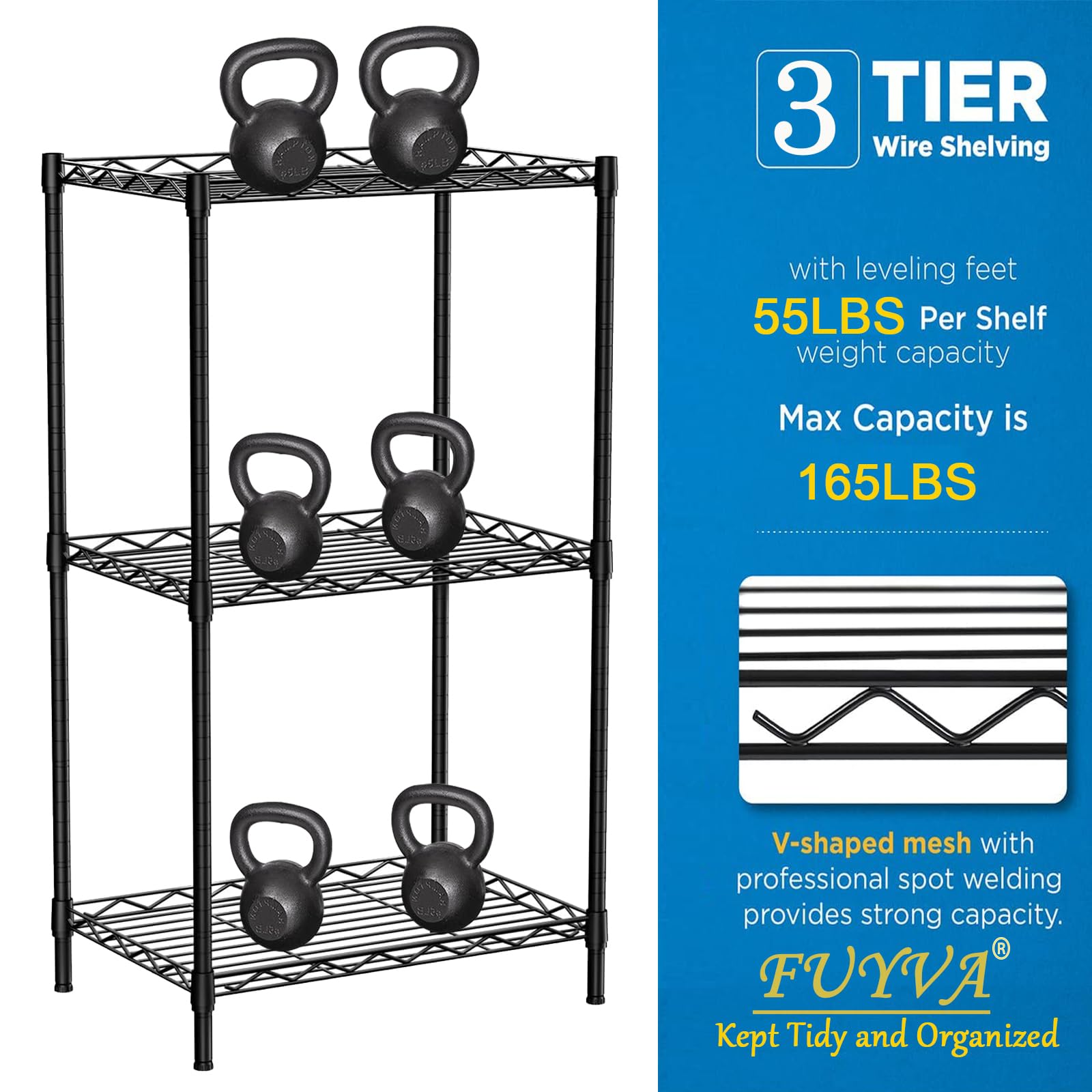 FUYVA 3-Tier Black Metal Shelving Unit with Wire Storage, 3 Shelf Liners, and Hooks, Wire Rack Height Adjustable Shelves for Kitchen, Bathroom, Pantry, Closet, and Bedroom (15.7"L x 11.8"W x 31.5"H)