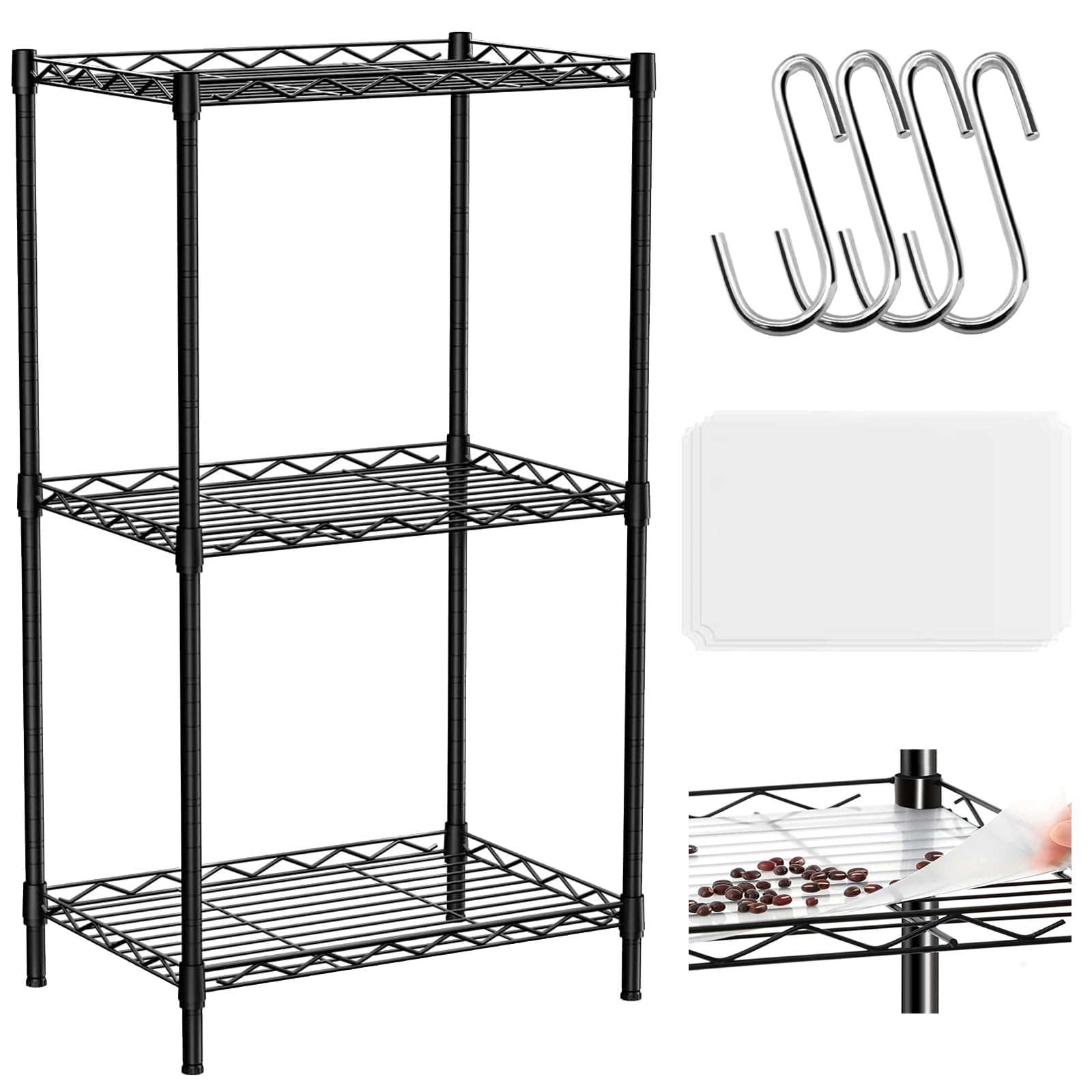 FUYVA 3-Tier Black Metal Shelving Unit with Wire Storage, 3 Shelf Liners, and Hooks, Wire Rack Height Adjustable Shelves for Kitchen, Bathroom, Pantry, Closet, and Bedroom (15.7"L x 11.8"W x 31.5"H)