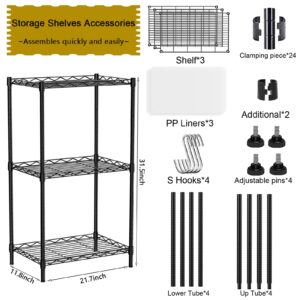 FUYVA 3-Tier Black Metal Shelving Unit with Wire Storage, 3 Shelf Liners, and Hooks, Wire Rack Height Adjustable Shelves for Kitchen, Bathroom, Pantry, Closet, and Bedroom (15.7"L x 11.8"W x 31.5"H)