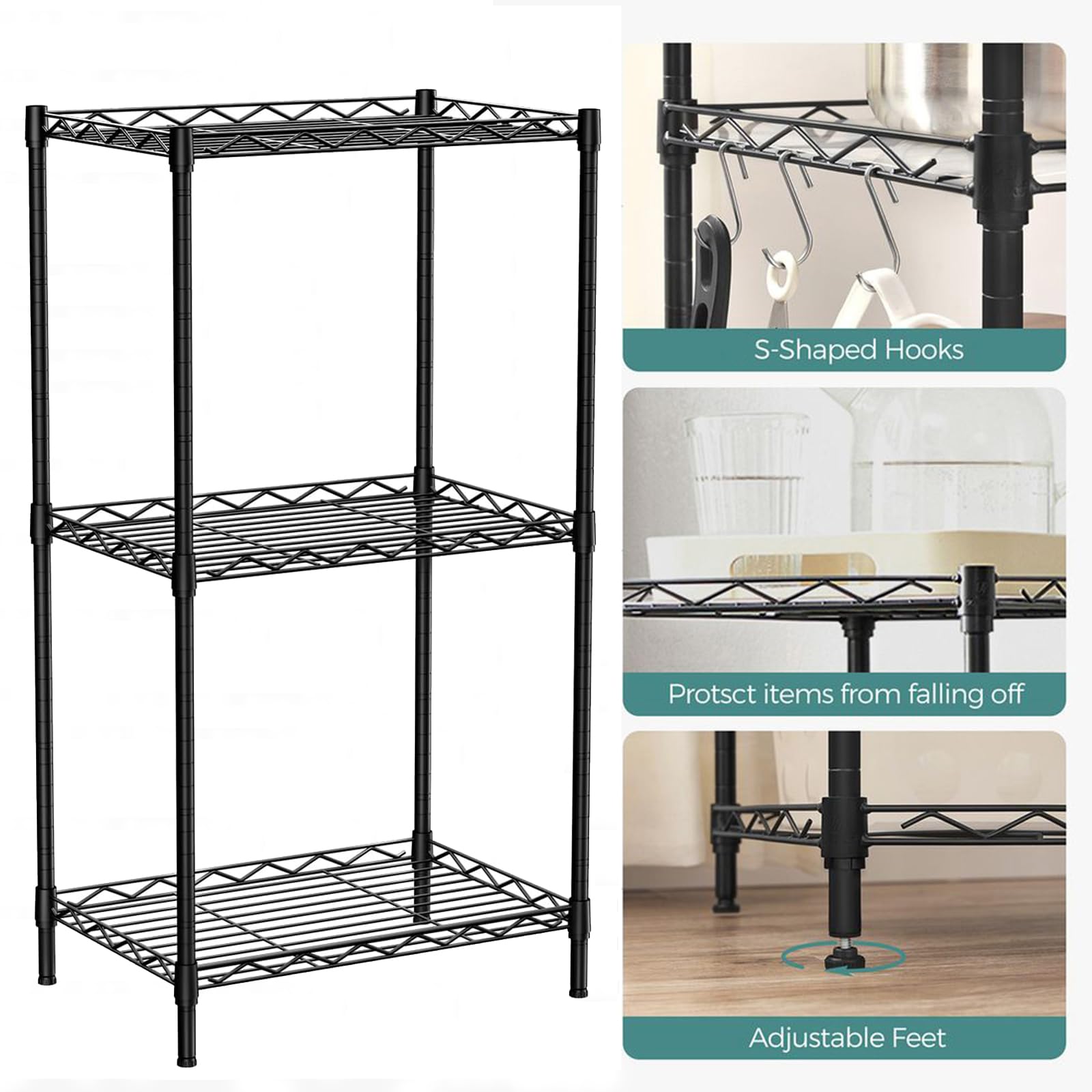 FUYVA 3-Tier Black Metal Shelving Unit with Wire Storage, 3 Shelf Liners, and Hooks, Wire Rack Height Adjustable Shelves for Kitchen, Bathroom, Pantry, Closet, and Bedroom (15.7"L x 11.8"W x 31.5"H)