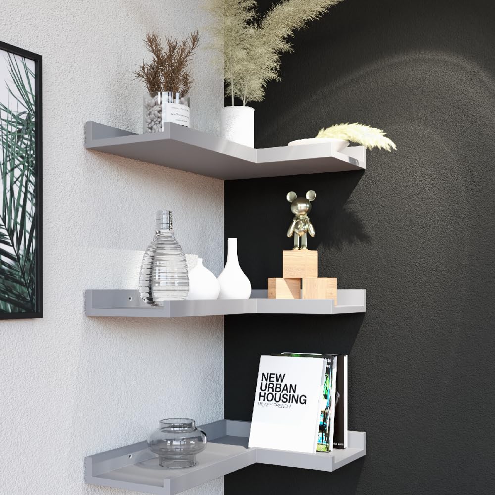 Boswillon 3 Tier Corner Floating Shelves with Protective Lip, Modern Corner Shelves Wall Mounted, Corner Ledge Shelves for Wall Decor, Grey Shelves for Living Room, Bedroom, Bathroom - Gray